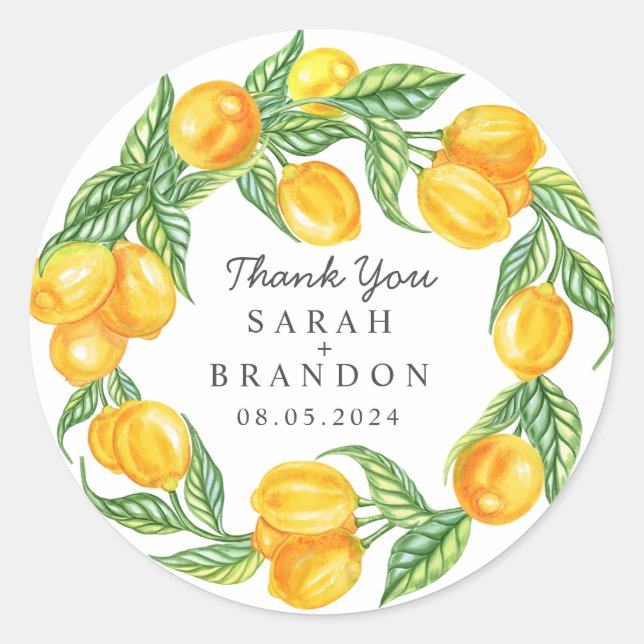 Citrus Lemon Summer Wedding Classic Round Sticker (Front)