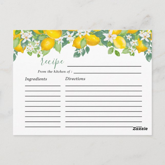 Citrus Lemon Theme Bridal Shower Recipe Card (Back)