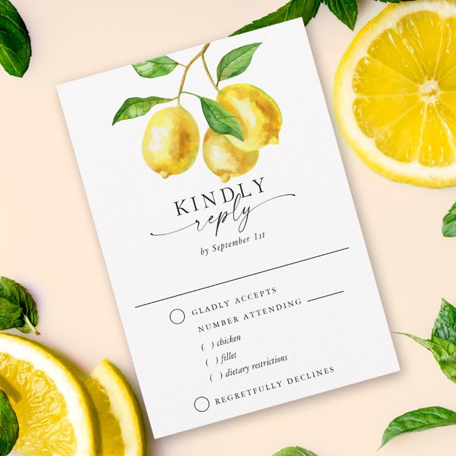 Citrus Lemon Watercolor Meal Choice RSVP Card (The hand-painted watercolor lemon design creates a sophisticated wedding RSVP with meal choice.)