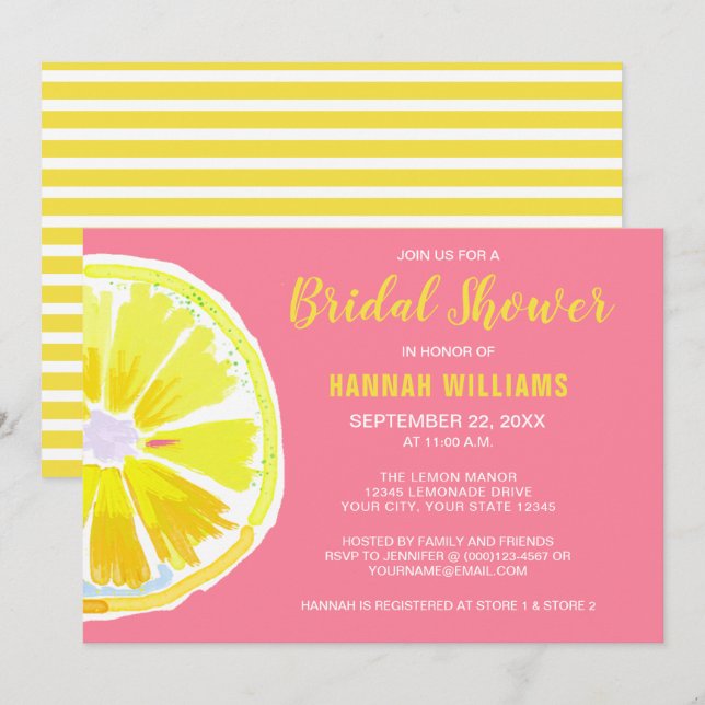 Citrus Lemon Watercolor Pink Bridal Shower Invite (Front/Back)