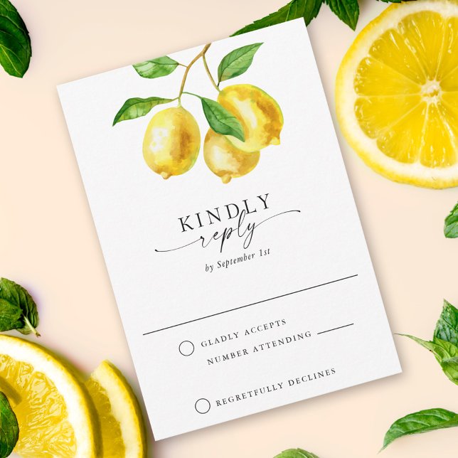 Citrus Lemon Watercolor RSVP Card (The hand-painted watercolor lemon design creates a sophisticated wedding RSVP card.)