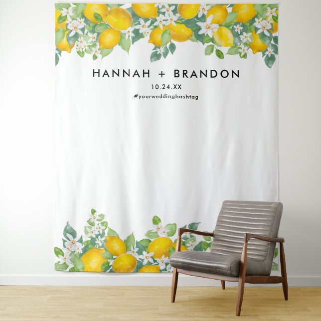 Citrus Lemon Wedding Photo Booth Banner Tapestry (In Situ)