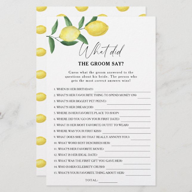 Citrus lemon - What did the groom say bridal game (Front/Back)