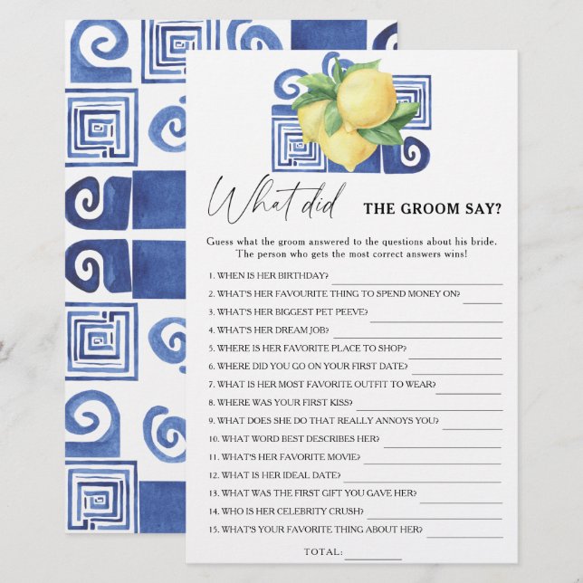 Citrus lemon - What did the groom say bridal game (Front/Back)