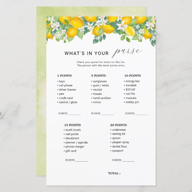 Citrus Lemon What's In Your Purse Bridal Game (Front/Back)
