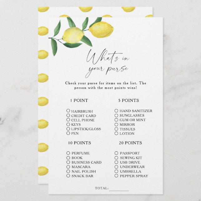Citrus lemon - What's in your purse game (Front/Back)