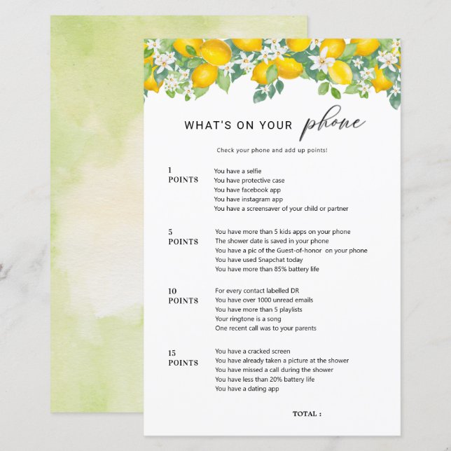 Citrus Lemon What's On Your Phone Bridal Game (Front/Back)