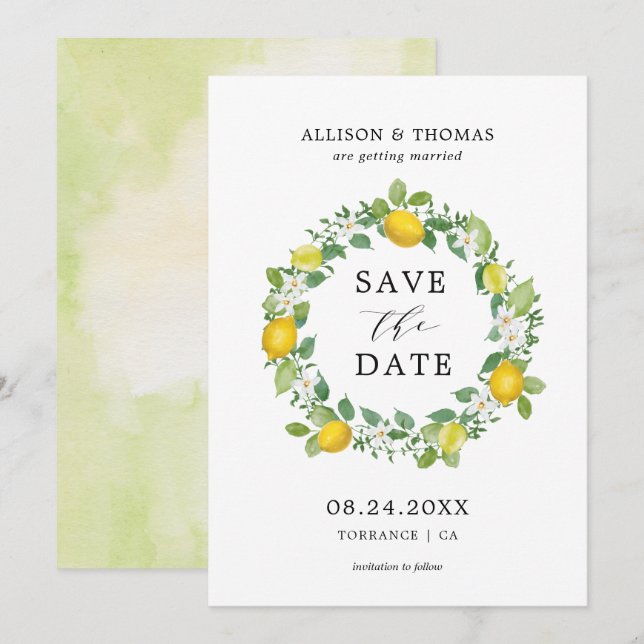 Citrus Lemon Wreath Yellow Wedding Save the Dates Invitation (Front/Back)