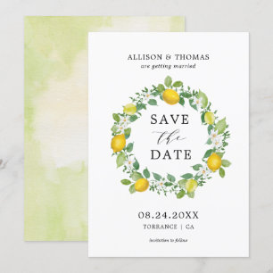 Citrus Lemon Wreath Yellow Wedding Save the Dates Invitation
