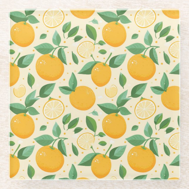 Citrus lemon yellow tropical fruit pattern glass coaster (Front)