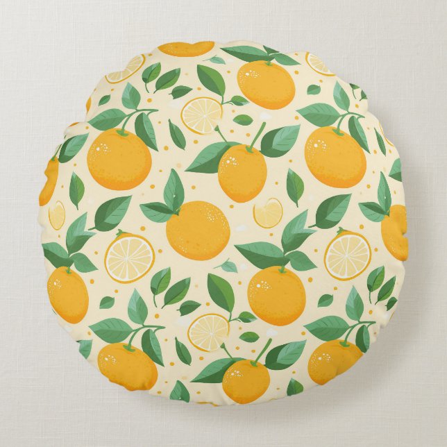 Citrus lemon yellow tropical fruit pattern round cushion (Front)