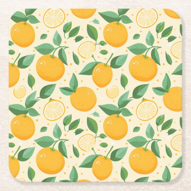 Citrus lemon yellow tropical fruit pattern square paper coaster (Front)