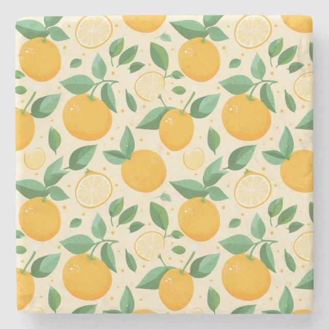 Citrus lemon yellow tropical fruit pattern stone coaster (Front)