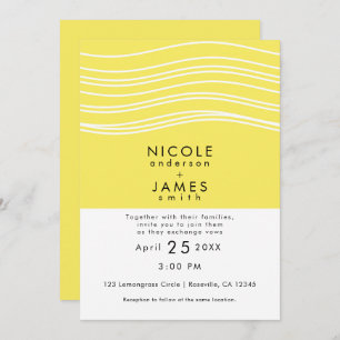 Citrus Lemon Yellow & White Wave Modern Wedding Invitation