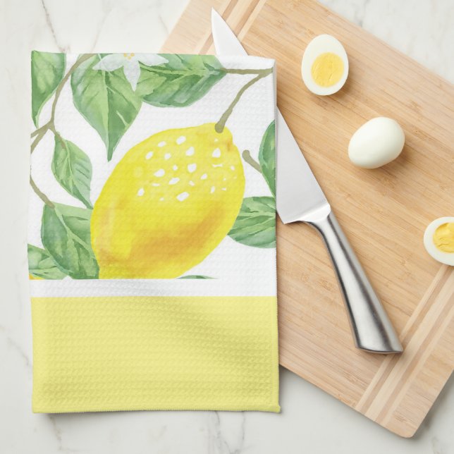 Citrus Lemons and Green Leaves Kitchen Tea Towel (Quarter Fold)