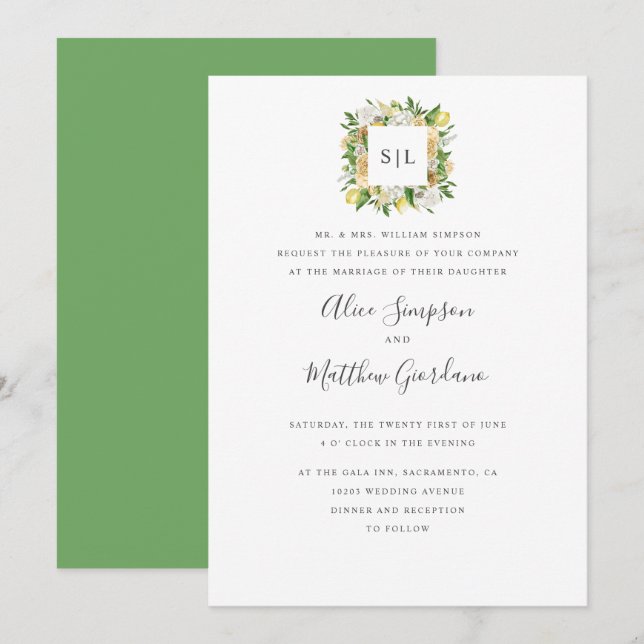 Citrus Lemons and leaves formal monogram wedding Invitation (Front/Back)