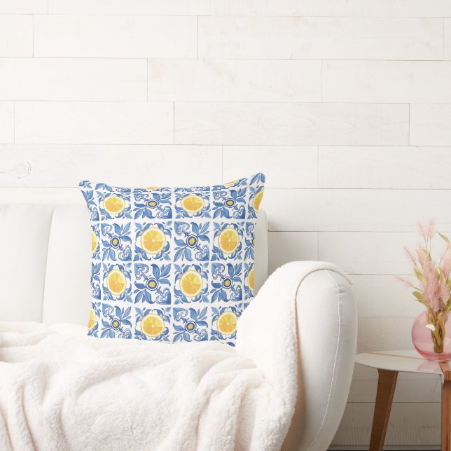 Citrus Lemons Blue Mediterranean Pattern Cushion (Couch)