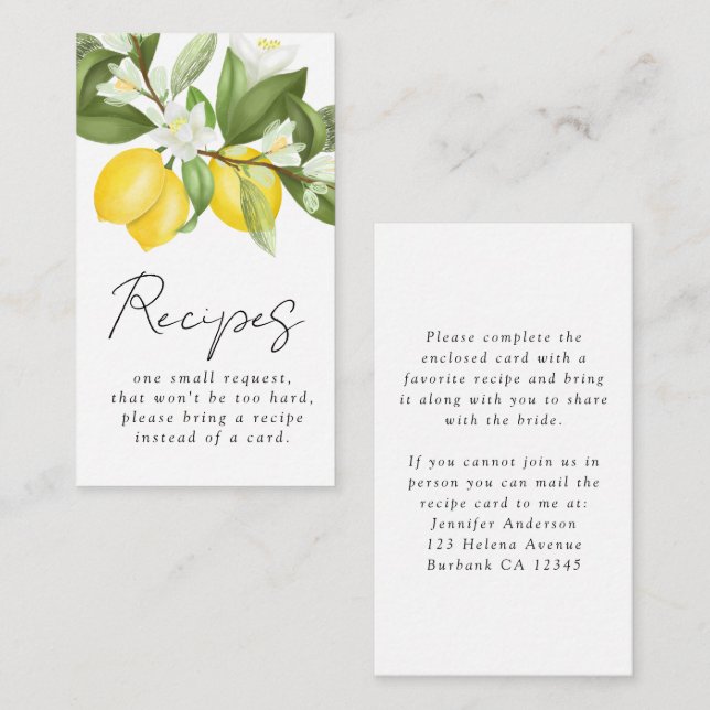 Citrus Lemons Bridal Shower Recipe Request Enclosure Card (Front/Back)