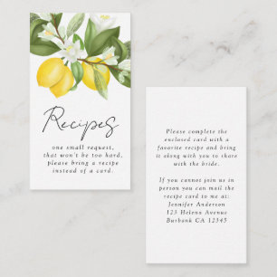 Citrus Lemons Bridal Shower Recipe Request Enclosure Card