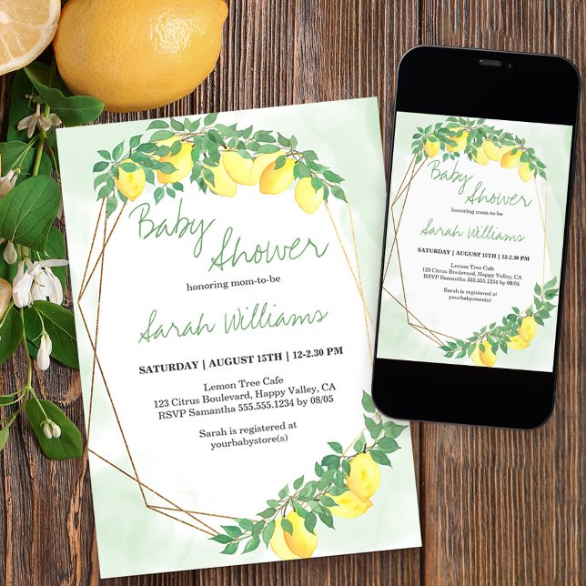 Citrus Lemons Gold Frame Mint Wash Baby Shower Invitation (Creator Uploaded)