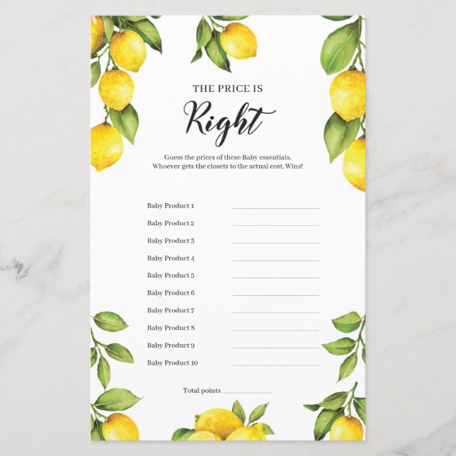 Citrus Lemons The Price is Right Baby Game (Front)