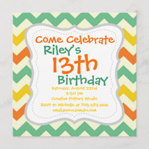 Citrus Lime Green Orange Yellow Chevron Zigzags Invitation