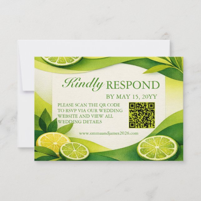 Citrus Lime Greenery Wedding QR Code RSVP Card (Front)