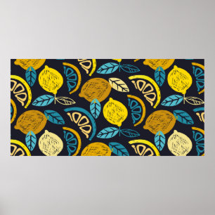Citrus lime lemon doodle hand drawn pattern backgr poster