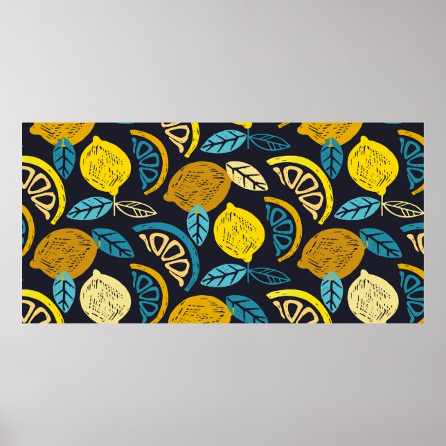 Citrus lime lemon doodle hand drawn pattern backgr poster (Front)