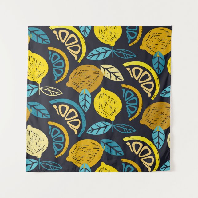 Citrus lime lemon doodle hand drawn pattern backgr tapestry (Front)