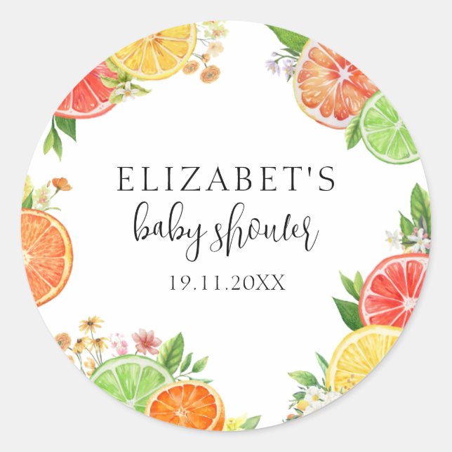 Citrus Little Cutie Baby Shower Classic Round Sticker (Front)