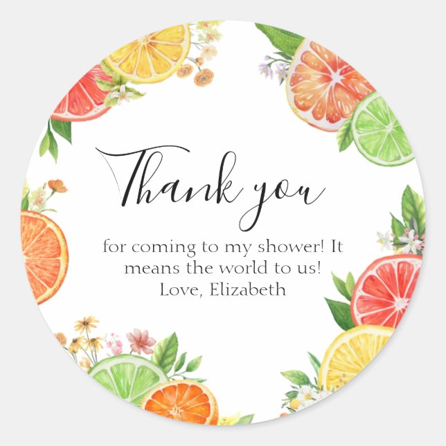 Citrus Little Cutie Baby Shower Thank you Classic Round Sticker (Front)