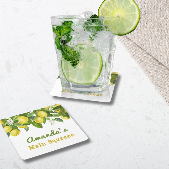Citrus Main Squeeze Sweetie Lemon Baby Shower Square Paper Coaster (Creator Uploaded)