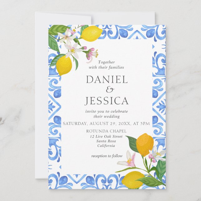 Citrus Mediterranean blueTiles Lemon Italy Wedding Invitation (Front)