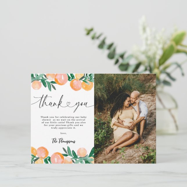 Citrus Orange Baby Shower Thank You Photo Card (Standing Front)