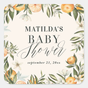 Citrus, orange + blossom baby shower party favour square sticker