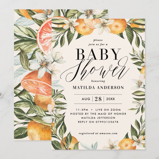 Citrus orange blossom baby shower party invitation (Front/Back)