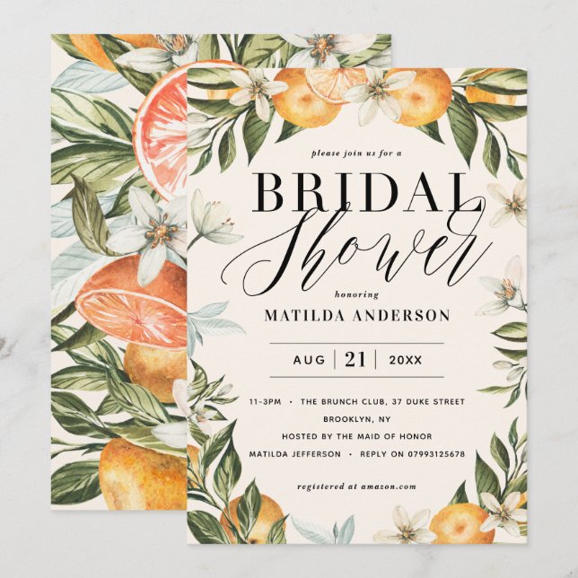 Citrus, orange + blossom bridal shower party (Front/Back)