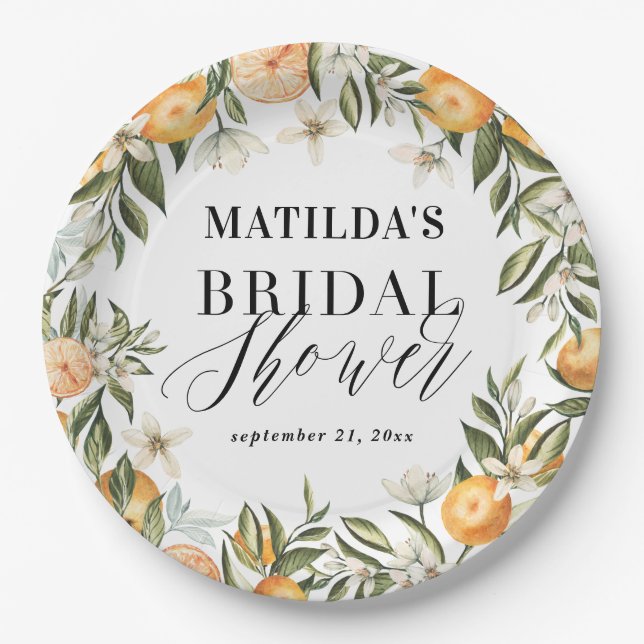 Citrus, orange + blossom bridal shower party decor paper plate (Front)