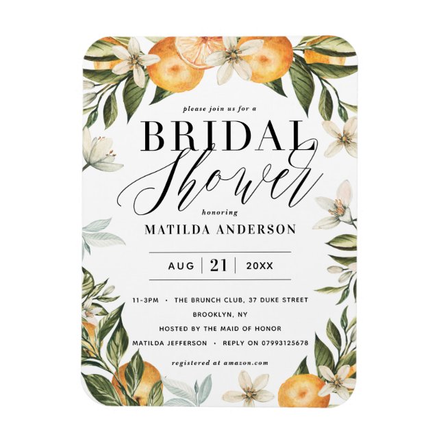 Citrus, orange + blossom bridal shower party magnet (Vertical)