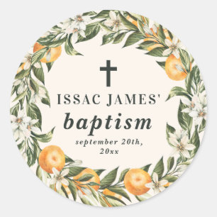 Citrus, orange + blossom christening baptism classic round sticker