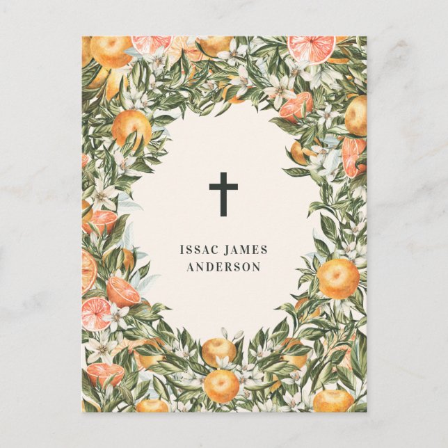 Citrus, orange + blossom christening baptism invitation postcard (Front)