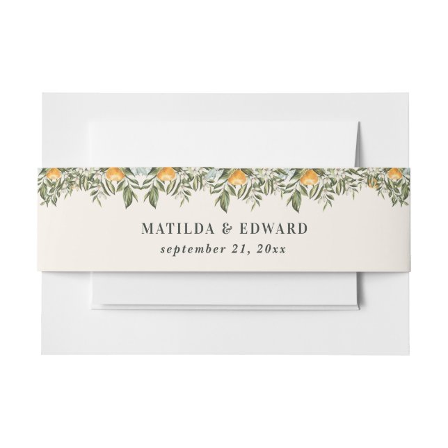 citrus orange, blossom foliage wedding invitation belly band (Front Example)