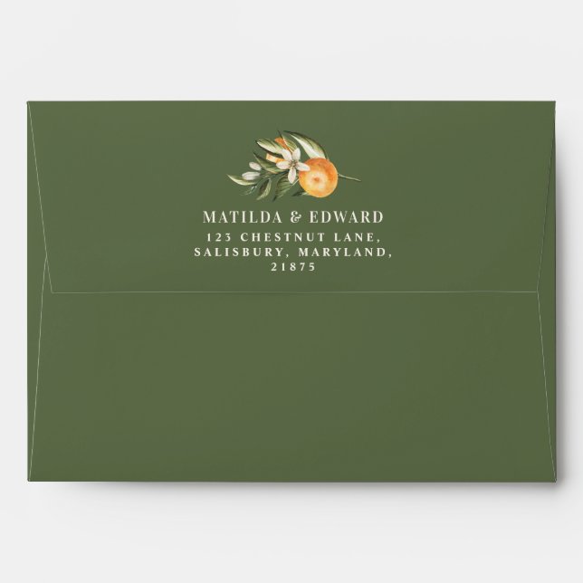 Citrus, orange + blossom wedding sage green modern envelope (Back (Top Flap))