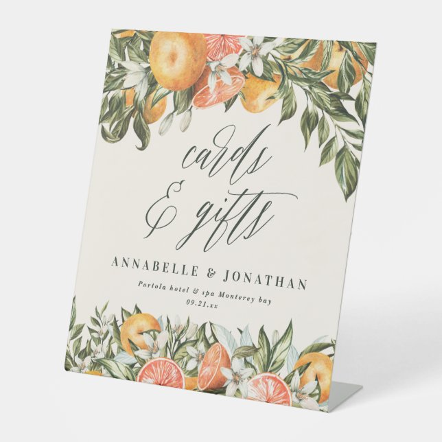 Citrus orange botanical modern rustic cards gifts pedestal sign (Front)