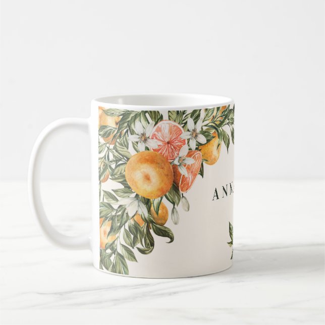 Citrus orange botanical modern rustic personalised coffee mug (Left)
