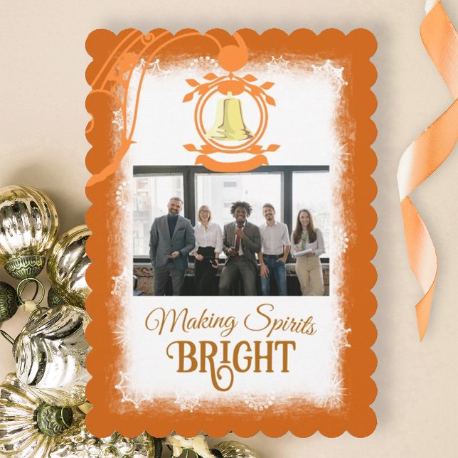 Citrus Orange Company Logo Christmas Photo Holiday Card (citrus orange spice company Christmas card with gold bell and script text, photo greeting card)