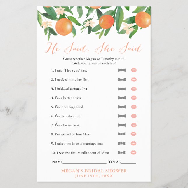 Citrus Orange Couples Shower He Said She Said Game Flyer (Front)