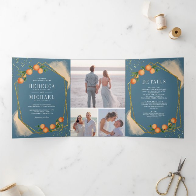 Citrus Orange Dusty Blue Photo Collage Wedding Tri-Fold Invitation (Inside)