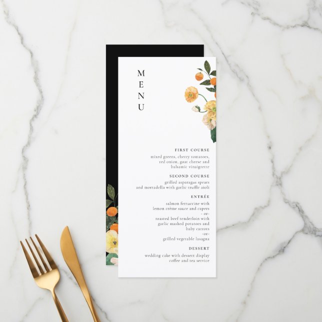 Citrus Orange Floral Minimalist Menu (Front/Back In Situ)